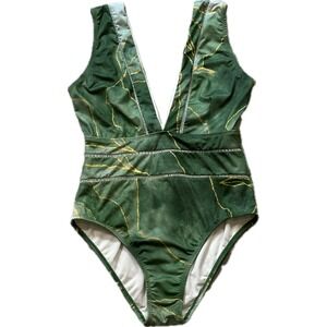 Averie One Piece Swimsuit Deep V Marble Print M Green Gold High Cut Plunge Luxe